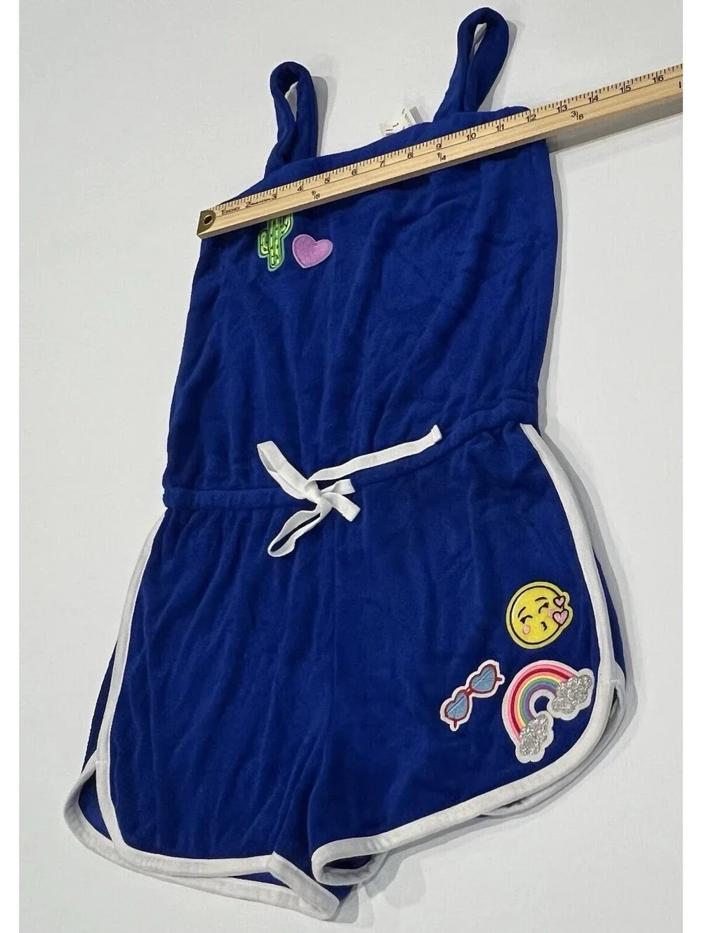 Justice 8/10 Romper Swim Cover Sleeveless Blue Terry Cloth w/ Patches New